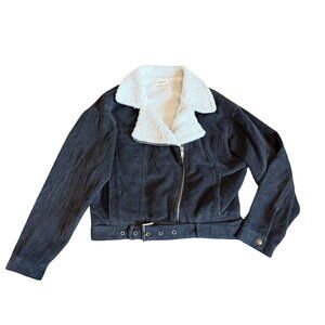 Fashion on Earth Grey Corduroy Asymmetrical Jacket Sherpa Lined Belted Sz Medium